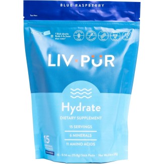 Hydrate Hydration Powder w/Electrolytes | Essential Amino Acids & Nutrients | NSF Certified for Sport, No Artificial Flavors | Easy Single-Serve Sticks | Blue Raspberry, 15 Sticks