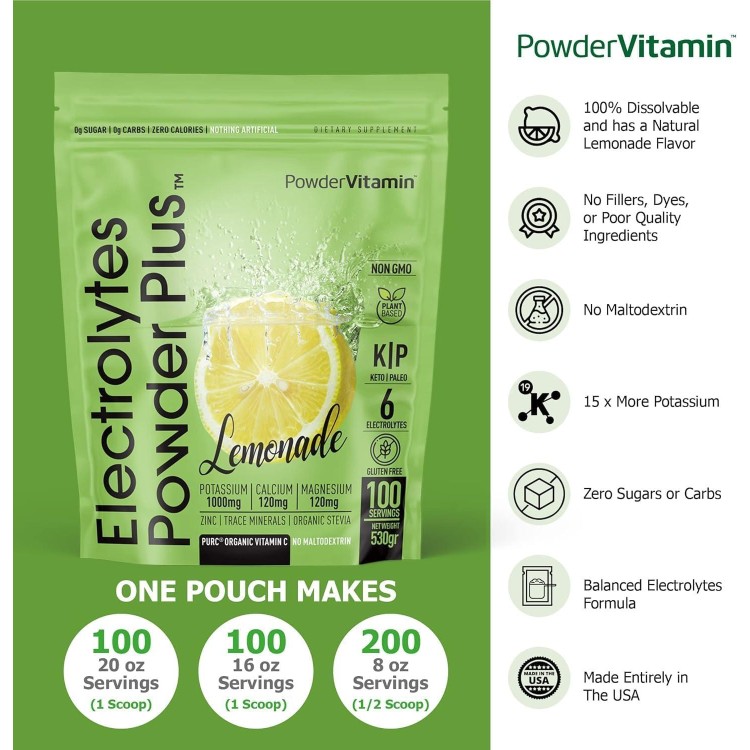 Electrolytes Powder Plus Keto, Lemonade (100 Servings) 0 Sugar, No Maltodextrin,1000mg Potassium,120mg Calcium,120mg Magnesium,Organic Vitamin C,Zero Calories, Energy Hydration Powder