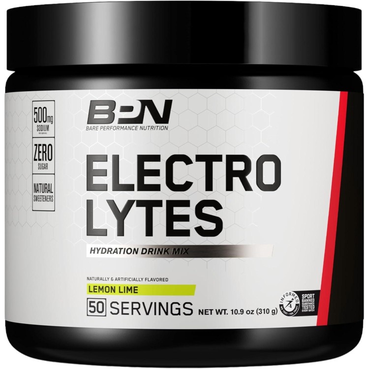 BARE PERFORMANCE NUTRITION BPN Electrolytes Hydration Drink Mix | Sugar Free Electrolyte Powder | 500mg Sodium per Serving | Naturally Sweetened | Lemon Lime, 50 Servings