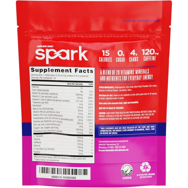 AdvoCare Spark Vitamin & Amino Acid Supplement - Focus & Energy Drink Powder Mix with Vitamin A, B-6, C & E - Also Includes L-Carnitine & L-Tyrosine - Fruit Punch, 14 Stick Packs