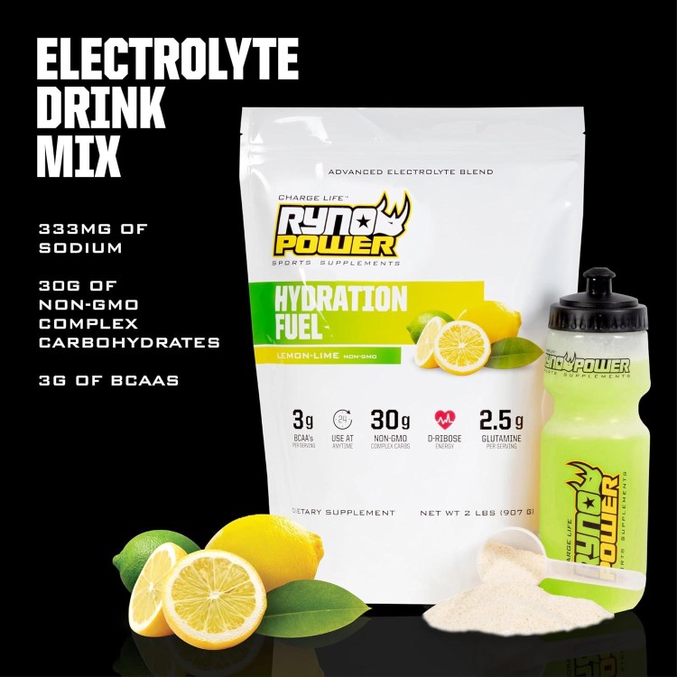 Ryno Power Hydration Fuel Electrolyte Drink Mix 2lb (20 Servings) 'Lemon Lime' - Advanced Electrolyte Formula + BCAA's - Gluten Free - Sustained Energy and Muscle Recovery