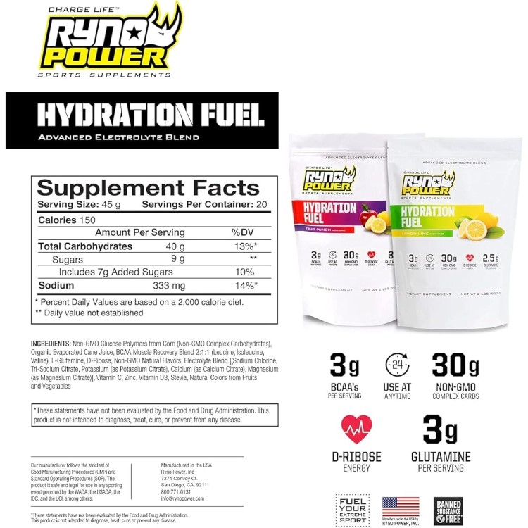 Ryno Power Hydration Fuel Electrolyte Drink Mix 2lb (20 Servings) 'Lemon Lime' - Advanced Electrolyte Formula + BCAA's - Gluten Free - Sustained Energy and Muscle Recovery