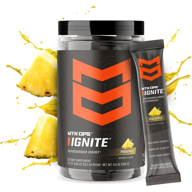 MTN OPS Ignite Trail Packs Energy Drink Powder, Gluten Free Nitric Oxide Supplement Drink Mix, L Arginine, L Citrulline, Caffeine & Nootropic Sugar Free Drink Mix, 20 Servings, Pineapple Crush