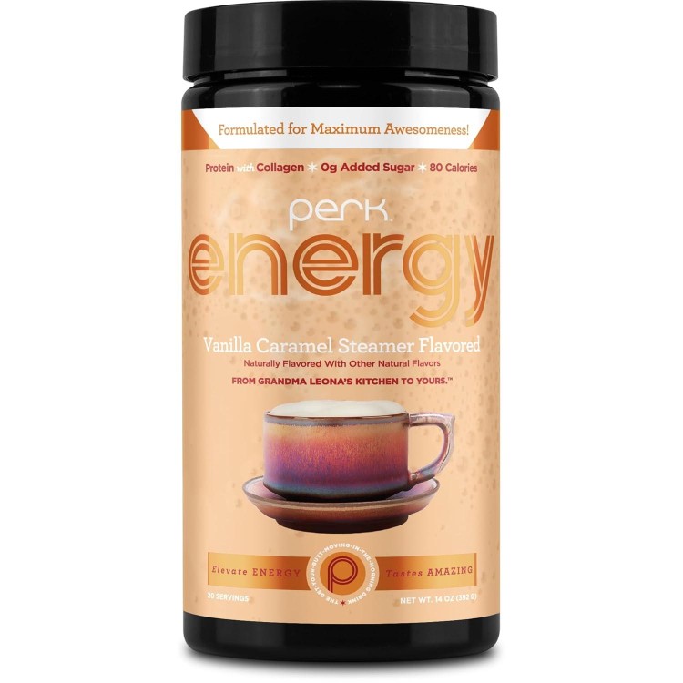 Perk Energy Original Vanilla Caramel Steamer Flavored Drink Powder (20 Servings) - Gluten-Free, Peanut-Free