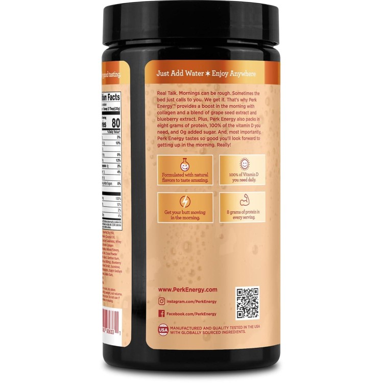 Perk Energy Original Vanilla Caramel Steamer Flavored Drink Powder (20 Servings) - Gluten-Free, Peanut-Free