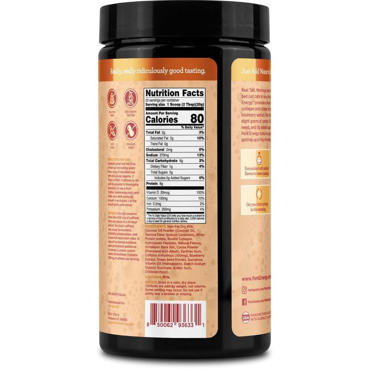 Perk Energy Original Vanilla Caramel Steamer Flavored Drink Powder (20 Servings) - Gluten-Free, Peanut-Free