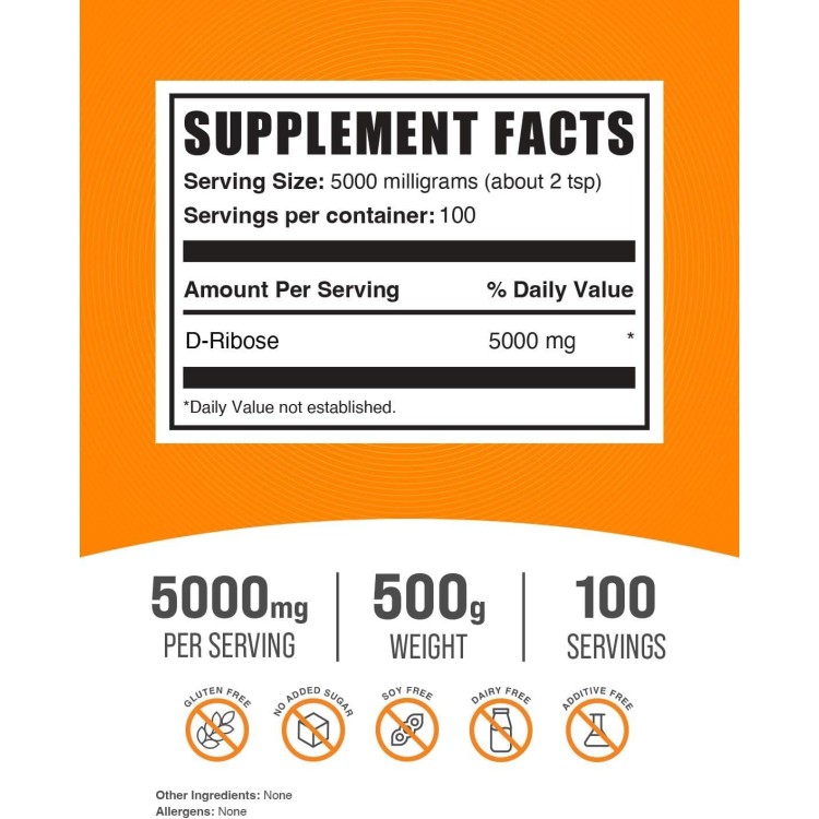 BulkSupplements.com D-Ribose Powder - D-Ribose Supplement, Ribose 5000mg, for Energy Support - Unflavored & Gluten Free, 5000mg per Serving, 500g (1.1 lbs) (Pack of 1)