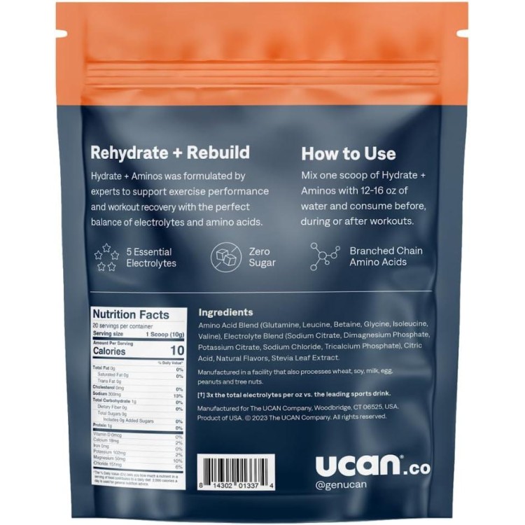 UCAN Hydrate + Aminos, Orange 20 Serving Bag, Keto, Sugar-Free Electrolyte + Muscle Recovery, Essential Electrolytes + EAAs & BCAAs, Non-GMO, Vegan, for Runners, Gym-Goers, Performance Athletes