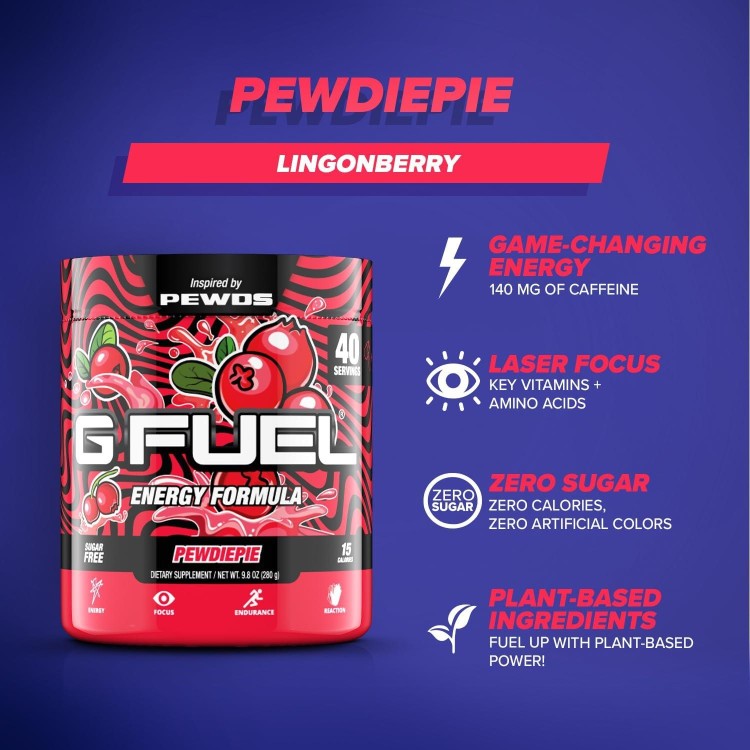 G Fuel PewDiePie Energy Powder, Sugar Free, Clean Caffeine Focus Supplement, Water Mix, Lingonberry Flavor, Focus Amino, Vitamin + Antioxidants Blend - 9.8 oz (40 Servings)