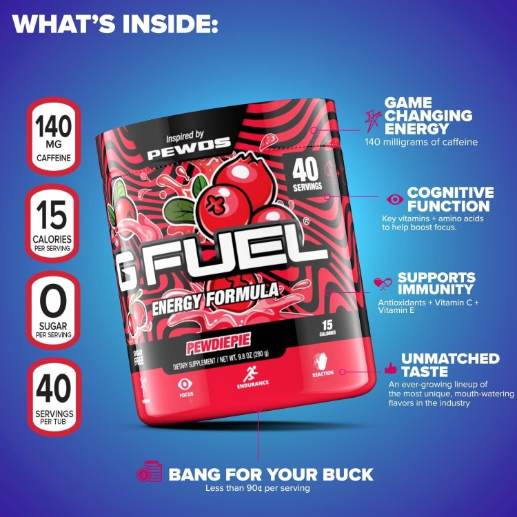 G Fuel PewDiePie Energy Powder, Sugar Free, Clean Caffeine Focus Supplement, Water Mix, Lingonberry Flavor, Focus Amino, Vitamin + Antioxidants Blend - 9.8 oz (40 Servings)