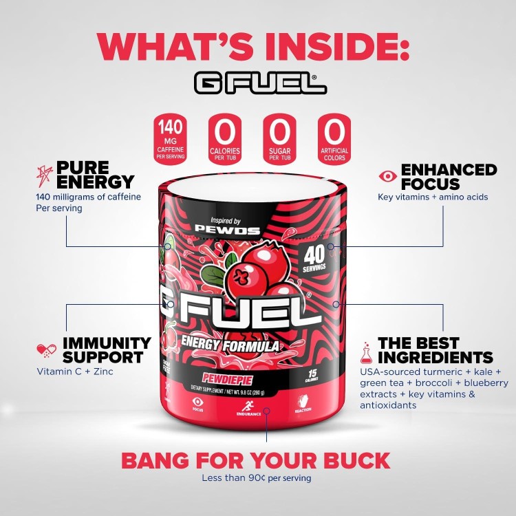 G Fuel PewDiePie Energy Powder, Sugar Free, Clean Caffeine Focus Supplement, Water Mix, Lingonberry Flavor, Focus Amino, Vitamin + Antioxidants Blend - 9.8 oz (40 Servings)