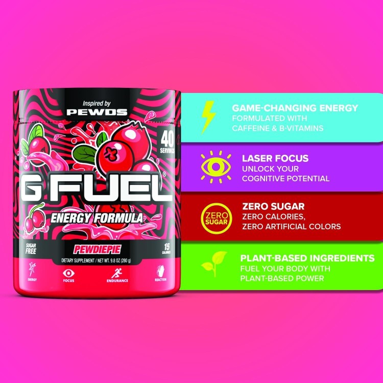 G Fuel PewDiePie Energy Powder, Sugar Free, Clean Caffeine Focus Supplement, Water Mix, Lingonberry Flavor, Focus Amino, Vitamin + Antioxidants Blend - 9.8 oz (40 Servings)