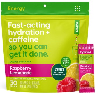 Hydrant Energy 30 Stick Pack, Caffeine & L-Theanine Rapid Hydration Mix, Electrolyte Hydration Powder Packets with Zinc (Raspberry Lemonade, 30 Count)