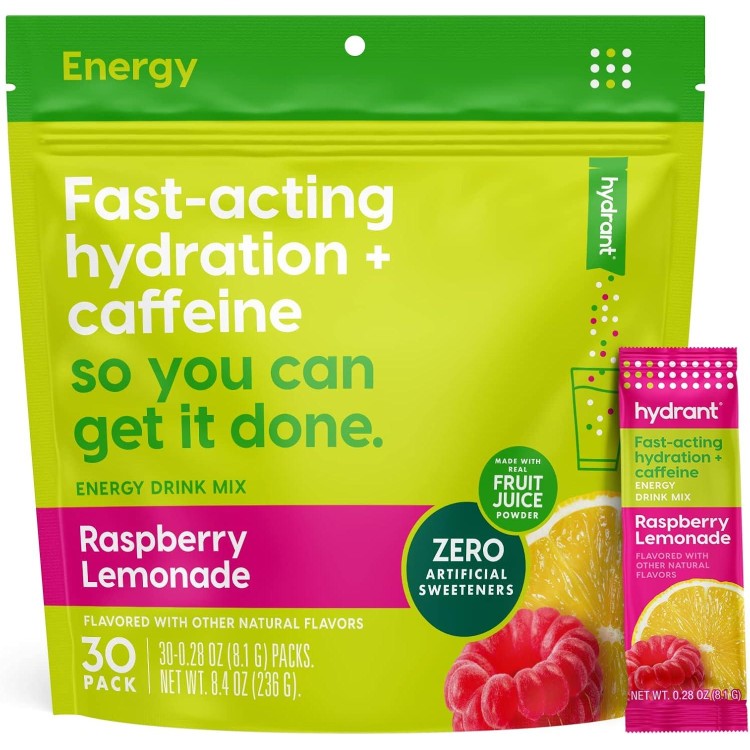 Hydrant Energy 30 Stick Pack, Caffeine & L-Theanine Rapid Hydration Mix, Electrolyte Hydration Powder Packets with Zinc (Raspberry Lemonade, 30 Count)