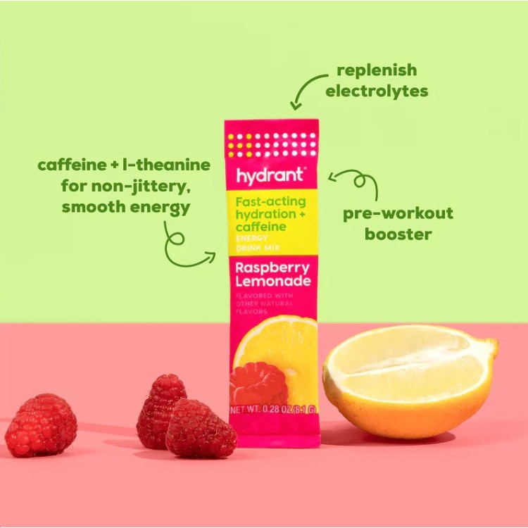 Hydrant Energy 30 Stick Pack, Caffeine & L-Theanine Rapid Hydration Mix, Electrolyte Hydration Powder Packets with Zinc (Raspberry Lemonade, 30 Count)