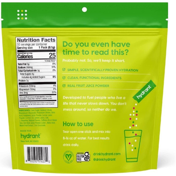 Hydrant Energy 30 Stick Pack, Caffeine & L-Theanine Rapid Hydration Mix, Electrolyte Hydration Powder Packets with Zinc (Raspberry Lemonade, 30 Count)