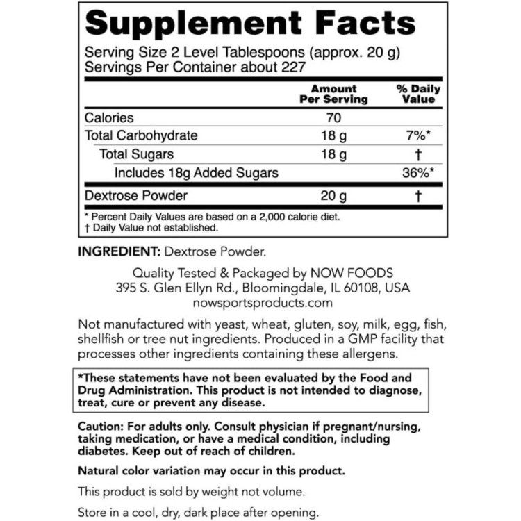 NOW Foods Sports Nutrition, Dextrose Powder (Monosaccharide), Energy Production*, 10-Pound