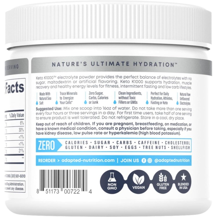 Hi-Lyte Keto K1000 Electrolyte Powder | Unflavored | Hydration Supplement Drink Mix | Boost Energy & Beat Leg Cramps | No Sugar, No Stevia, No Maltodextrin | 50 Servings