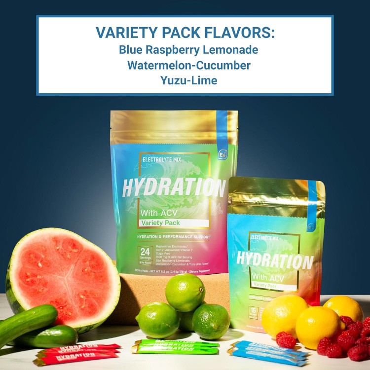 Essential Elements Hydration Packets - Electrolytes Powder Packets Sugar Free - 24 Stick Packs of Electrolytes Powder No Sugar - Electrolyte Water Drink Mix with ACV & Vitamin C - Variety Pack