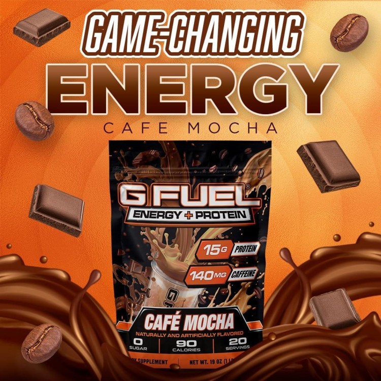 G Fuel Energy + Protein Powder Mix, Cafe Mocha Flavor, Sugar Free, Clean Caffeine Focus Supplement, Metabolism Support, Focus nootropics, Vitamin + Antioxidant Blend, 19 oz (20 Servings)