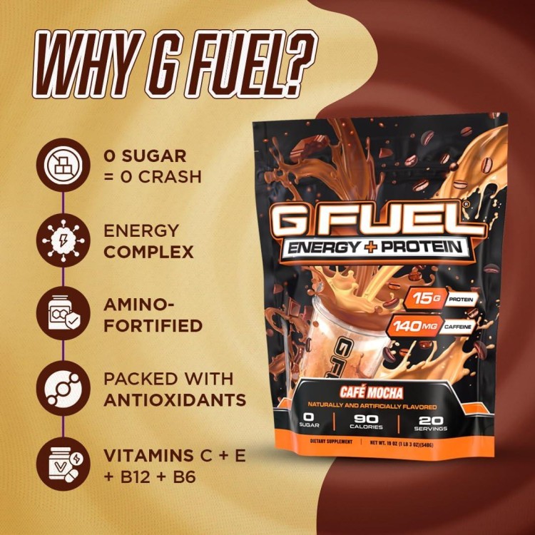 G Fuel Energy + Protein Powder Mix, Cafe Mocha Flavor, Sugar Free, Clean Caffeine Focus Supplement, Metabolism Support, Focus nootropics, Vitamin + Antioxidant Blend, 19 oz (20 Servings)