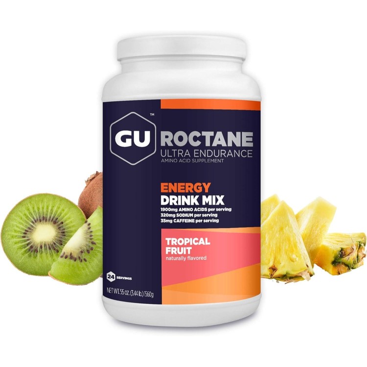 GU Energy Roctane Ultra Endurance Energy Drink Mix, Vegan, Gluten-Free, Kosher, 35mg of Caffeine, and Dairy-Free n-the-Go Energy for Any Workout, 3.44-Pound Jar, Tropical Fruit