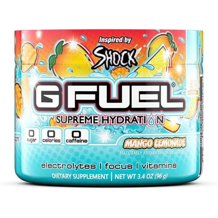 G Fuel Mango Lemonade Electrolytes Powder, Water Mix for Hydration, Energy and Focus, Sugar Free, Zero Caffeine Supplement with Essential Minerals, Mango Lemonade Flavor, 3.4 oz (30 Servings)