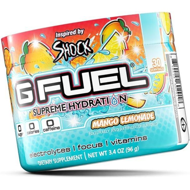 G Fuel Mango Lemonade Electrolytes Powder, Water Mix for Hydration, Energy and Focus, Sugar Free, Zero Caffeine Supplement with Essential Minerals, Mango Lemonade Flavor, 3.4 oz (30 Servings)