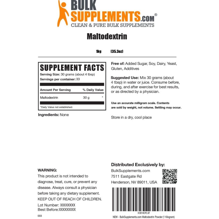 BulkSupplements.com Maltodextrin Powder - Maltodextrin Supplement for Energy Boost, Maltodextrin Food Grade - Unflavored & Gluten Free, 30g per Serving, 1kg (2.2 lbs) (Pack of 1)