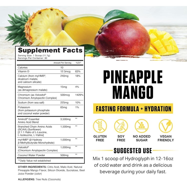 Ambrosia Hydroglyph Intraworkout Formula w/BCAA + EAA + Electrolytes Hydration Powder to Protect Lean Muscle, 0g Sugar Fasting Hydration Drink Mix, Made w/Coconut Water (Pineapple Mango)