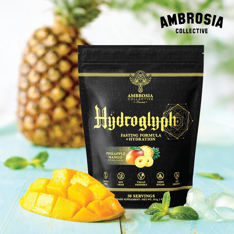 Ambrosia Hydroglyph Intraworkout Formula w/BCAA + EAA + Electrolytes Hydration Powder to Protect Lean Muscle, 0g Sugar Fasting Hydration Drink Mix, Made w/Coconut Water (Pineapple Mango)