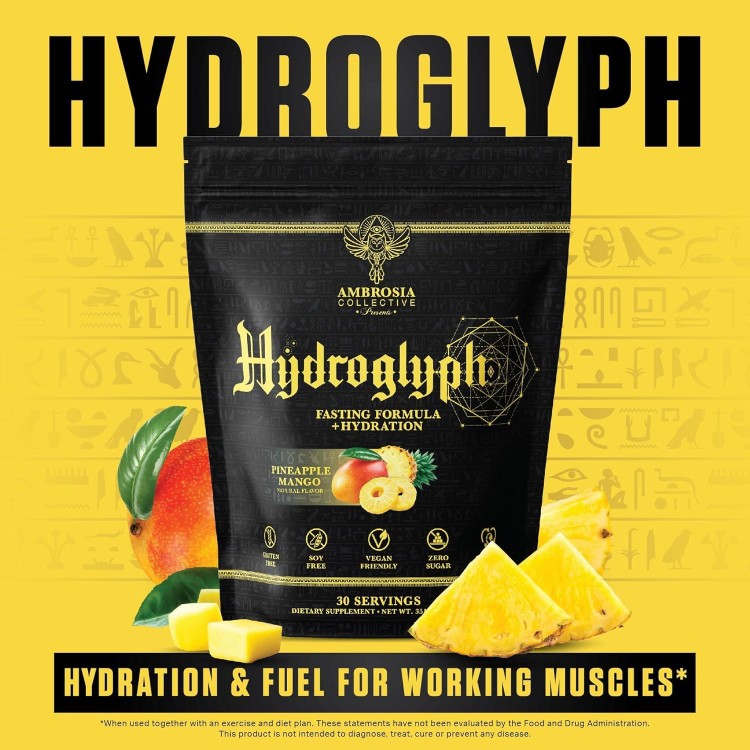 Ambrosia Hydroglyph Intraworkout Formula w/BCAA + EAA + Electrolytes Hydration Powder to Protect Lean Muscle, 0g Sugar Fasting Hydration Drink Mix, Made w/Coconut Water (Pineapple Mango)