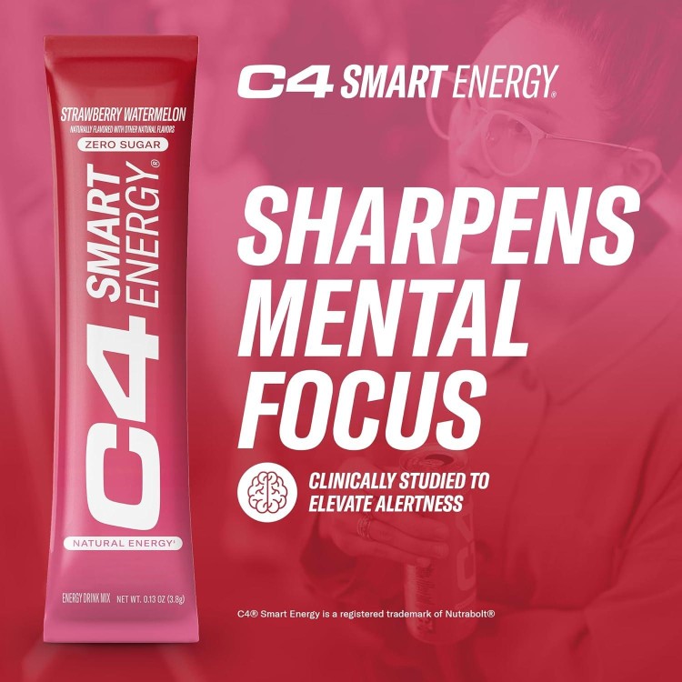 C4 Smart Energy Powder Stick Packs - Sugar Free Performance Fuel & Nootropic Brain Booster, Coffee Substitute or Alternative | Strawberry Watermelon - 14 Count