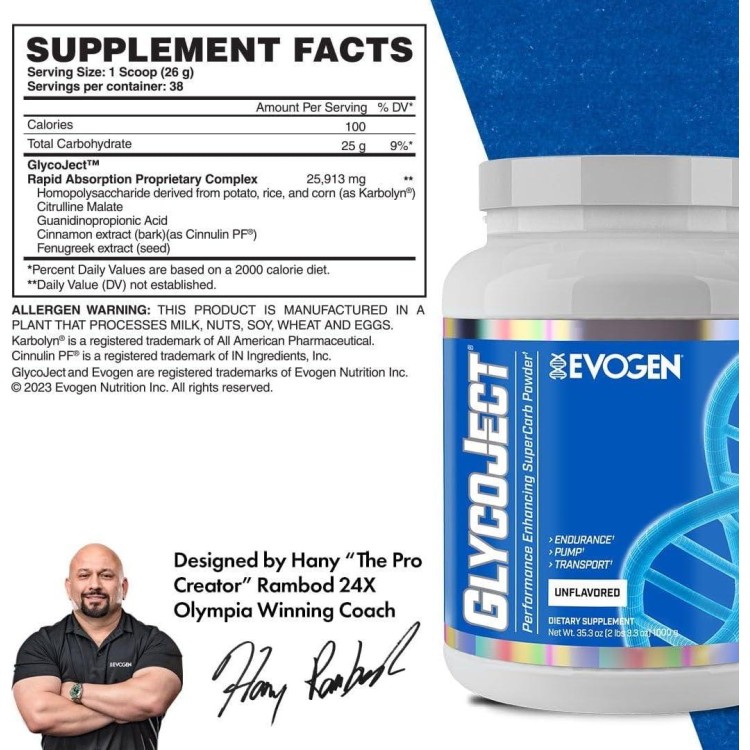 Evogen GlycoJect Powder Unflavored, Performance Carbohydrate Fuel for Muscle, Endurance, for Men & Women, 36 Servings