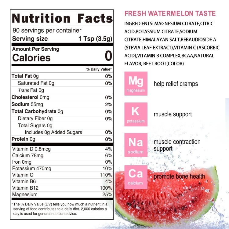 Electrolytes Powder No Sugar, Fresh Watermelon Electrolyte Powder, Hydration Powder, Enhanced with Himalayan Salt, BCAAs, and B-Vitamins, No Calories, Sugar Free Keto Electrolyte Drink - 90 Servings