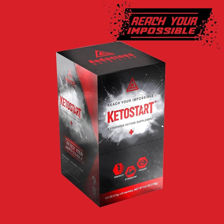 KetoStart+ | Exogenous Ketones Powder with Electrolytes for Energy, Strength & Focus | with Caffeine | Raspberry Lemonade Flavor Electrolyte Powder (10x Ketones Drink Mix Packets)