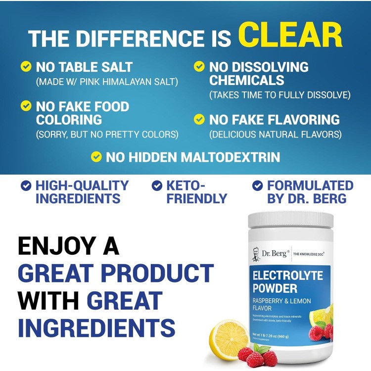 Dr. Berg Zero Sugar Hydration Keto Electrolyte Powder - Enhanced w/ 1000 mg of Potassium & Real Pink Himalayan Salt (NOT Table Salt) - Raspberry & Lemon Flavor Hydration Drink Supplement, 100 Servings