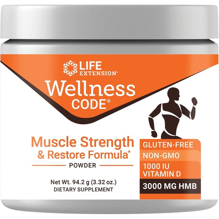 Life Extension Wellness Code Muscle Strength & Restore Formula, Vitamin D3, ß-Hydroxy-ß-Methylbutyrate Monohydrate (HMB), Muscle Health, Gluten Free, Non-GMO, 94.2 g