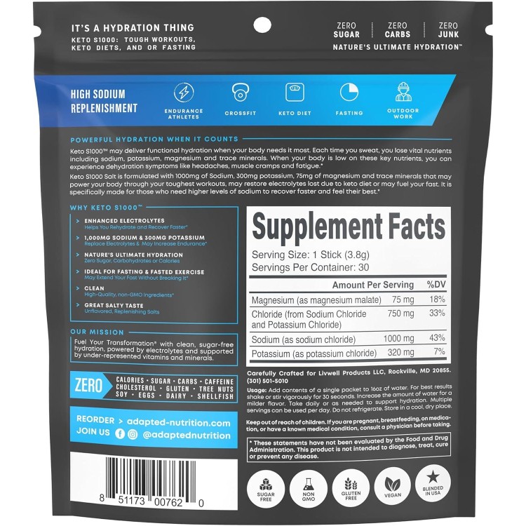 Keto S1000 Electrolyte Powder Packets | Keto and Paleo Friendly | No Sugar, No Calories, No Maltodextrin | Clean | 30 Unflavored Salt Hydration Stick Packs