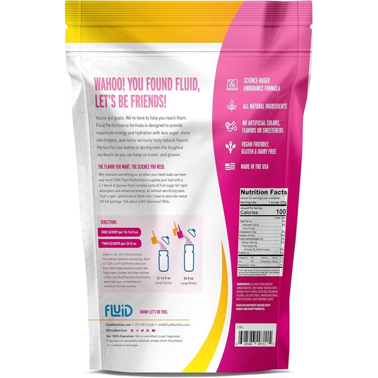 Fluid Performance - Low Sugar Endurance Fuel Sports Drink Mix with Electrolytes, All Natural Ingredients, Gluten-Free for Before or During Exercise (Raspberry Lemonade, 30 Serving)