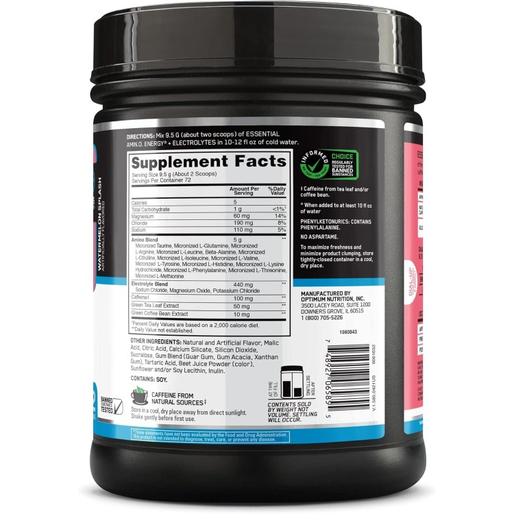 Optimum Nutrition Essential AMIN.O Energy & Electrolytes - Energy, Focus & Post-Workout Muscle Recovery - Watermelon Pre-Workout Electrolyte Powder Drink - Watermelon Splash, 1.51 lb (72 Servings)