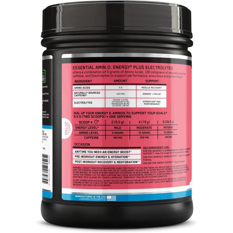 Optimum Nutrition Essential AMIN.O Energy & Electrolytes - Energy, Focus & Post-Workout Muscle Recovery - Watermelon Pre-Workout Electrolyte Powder Drink - Watermelon Splash, 1.51 lb (72 Servings)