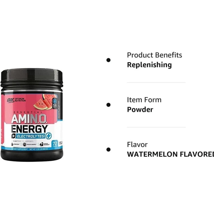 Optimum Nutrition Essential AMIN.O Energy & Electrolytes - Energy, Focus & Post-Workout Muscle Recovery - Watermelon Pre-Workout Electrolyte Powder Drink - Watermelon Splash, 1.51 lb (72 Servings)