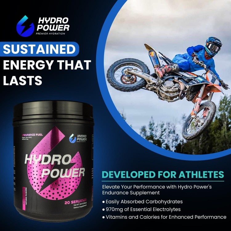 Hydro Power Endurance Fuel High Carb Supplement - Maximize Endurance & Performance with Superior Electrolyte & Calories Mix - Vegan, Non-GMO, & Gluten Free - Pink Lemonade Flavor, 20 Serving