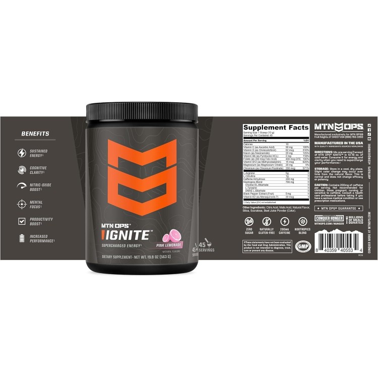 MTN OPS Ignite Supercharged Energy Drink Mix 45-Serving Tub, Pink Lemonade