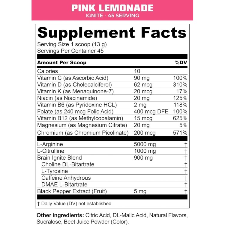 MTN OPS Ignite Supercharged Energy Drink Mix 45-Serving Tub, Pink Lemonade