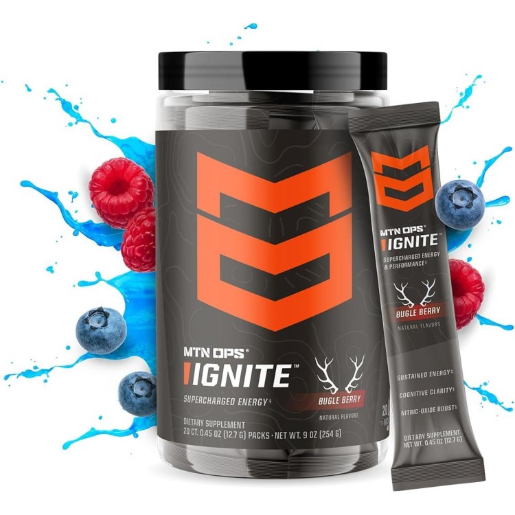 MTN OPS Ignite Trail Packs Energy Drink Powder, Gluten Free Nitric Oxide Supplement Drink Mix, L Arginine, L Citrulline, Caffeine & Nootropic Sugar Free Drink Mix, 20 Servings, Bugle Berry