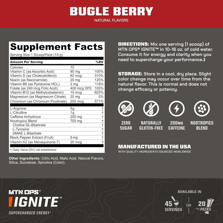 MTN OPS Ignite Trail Packs Energy Drink Powder, Gluten Free Nitric Oxide Supplement Drink Mix, L Arginine, L Citrulline, Caffeine & Nootropic Sugar Free Drink Mix, 20 Servings, Bugle Berry