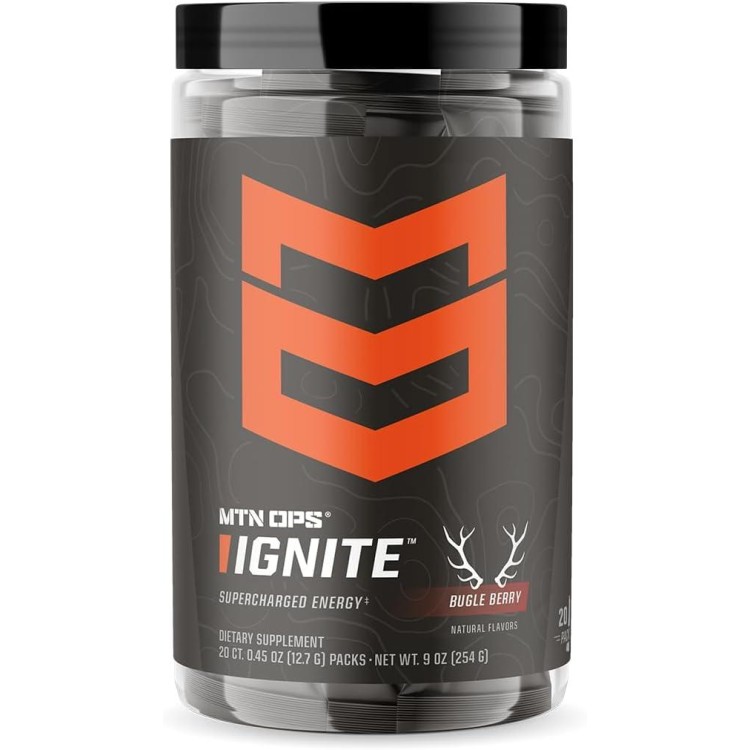 MTN OPS Ignite Trail Packs Energy Drink Powder, Gluten Free Nitric Oxide Supplement Drink Mix, L Arginine, L Citrulline, Caffeine & Nootropic Sugar Free Drink Mix, 20 Servings, Bugle Berry