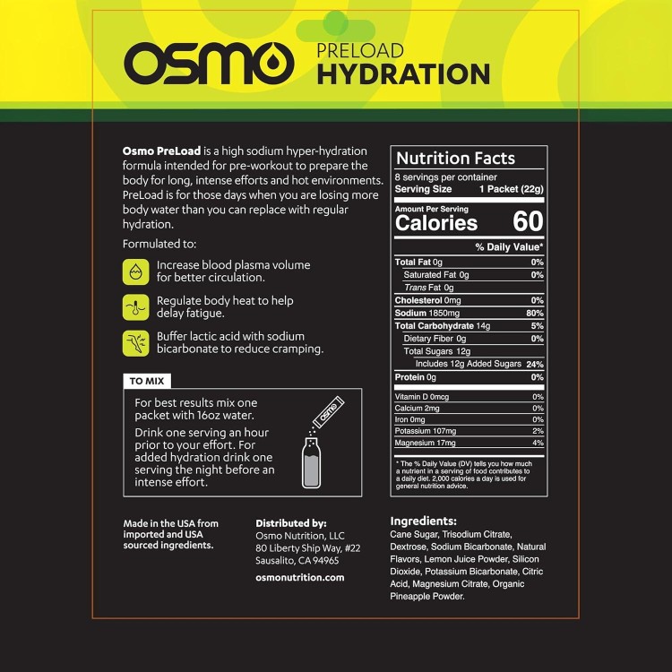 Osmo Preload Hydration Pre Workout Powder - Includes High Sodium Bicarbonate, Magnesium, Potassium, Carbs & Vitamins, Cane Sugar, Natural Ingredients, Beat Cramps & Dehydration - Pineapple Margarita